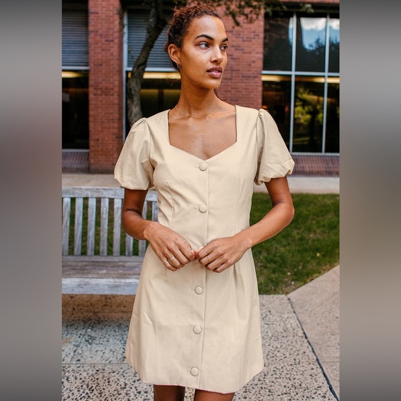 Lulus Dresses & Skirts - Lulus NWT Aiming to Achieve Beige Vegan Leather Puff Sleeve Mini Dress Medium